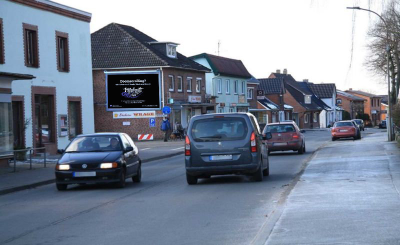 Location of the advertising: On the wall of a brick stone house next to a busy street